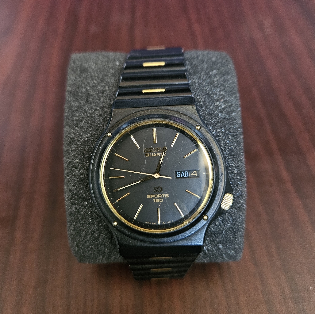 Vintage Seiko Sports Quartz Watch Men 100m Black Day Spanish Date Guc